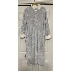 Oscar de la Renta Plush Long Robe House Coat Full Zip L / XL Grey / Blue Print